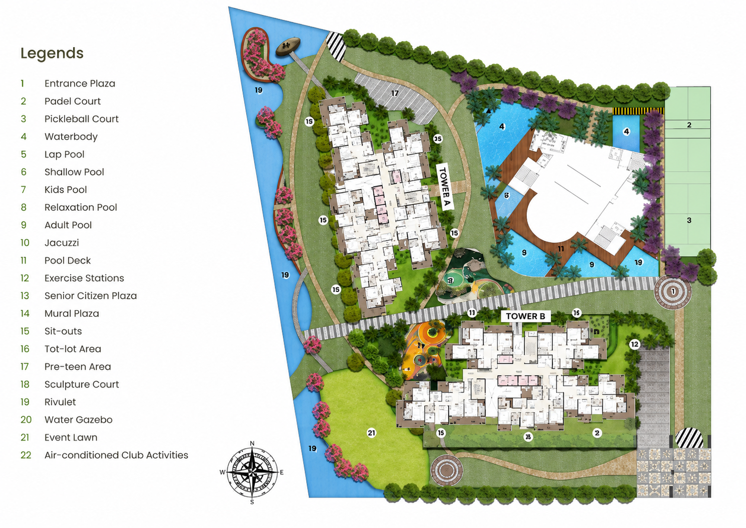 <b><b>APEX Elyria</b></b> master plan showing Tower A, Tower B, clubhouse, pools, rivulet and 22 landscaped zones